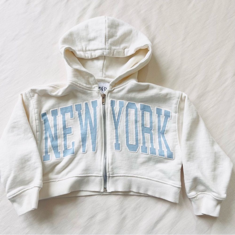 Zara White Hoodie with Light Blue "NEW YORK" Print